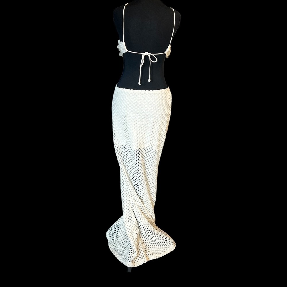 Ivory Crochet Mermaid Maxi Dress Cutout Open Knit‎ Boho Beach Resort Small - Picture 6 of 16